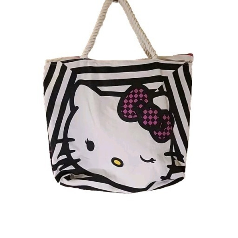 Hello Kitty Tote Handbag Cat Bow Black White Striped Tote Purse Rope Bag 16"